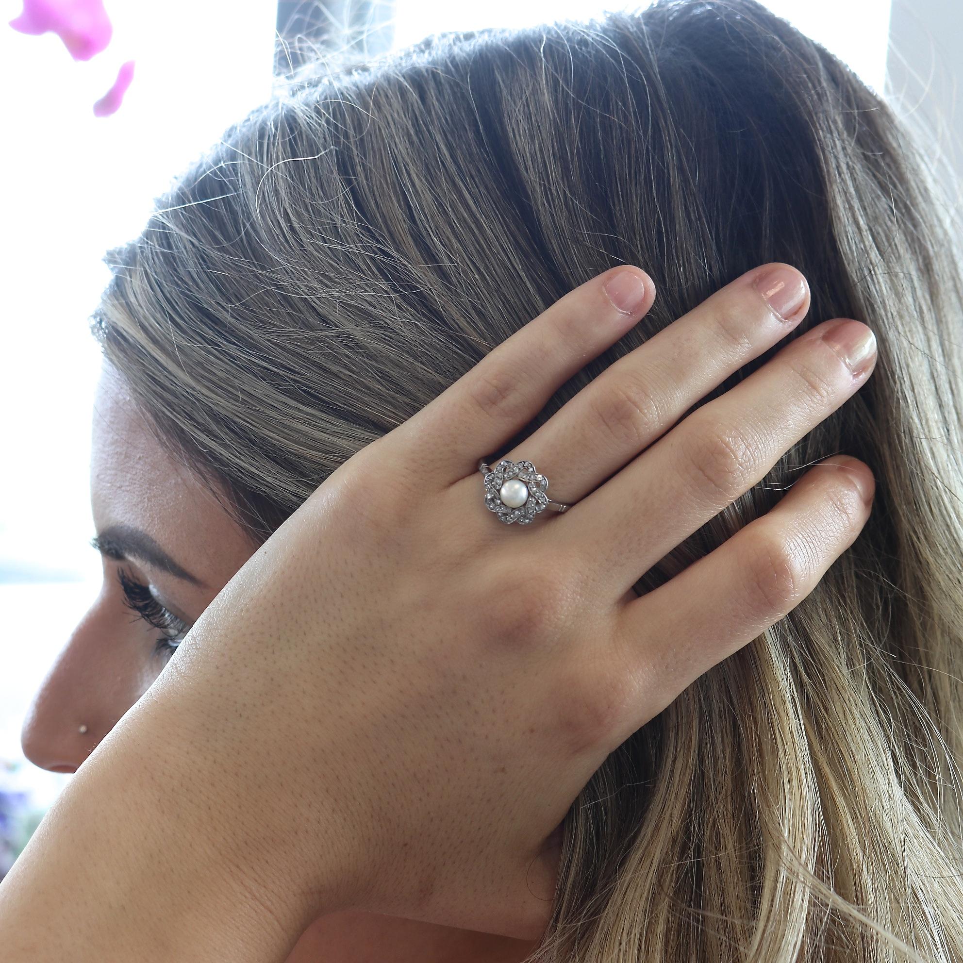 Women's Art Deco Style Pearl Diamond Platinum Ring