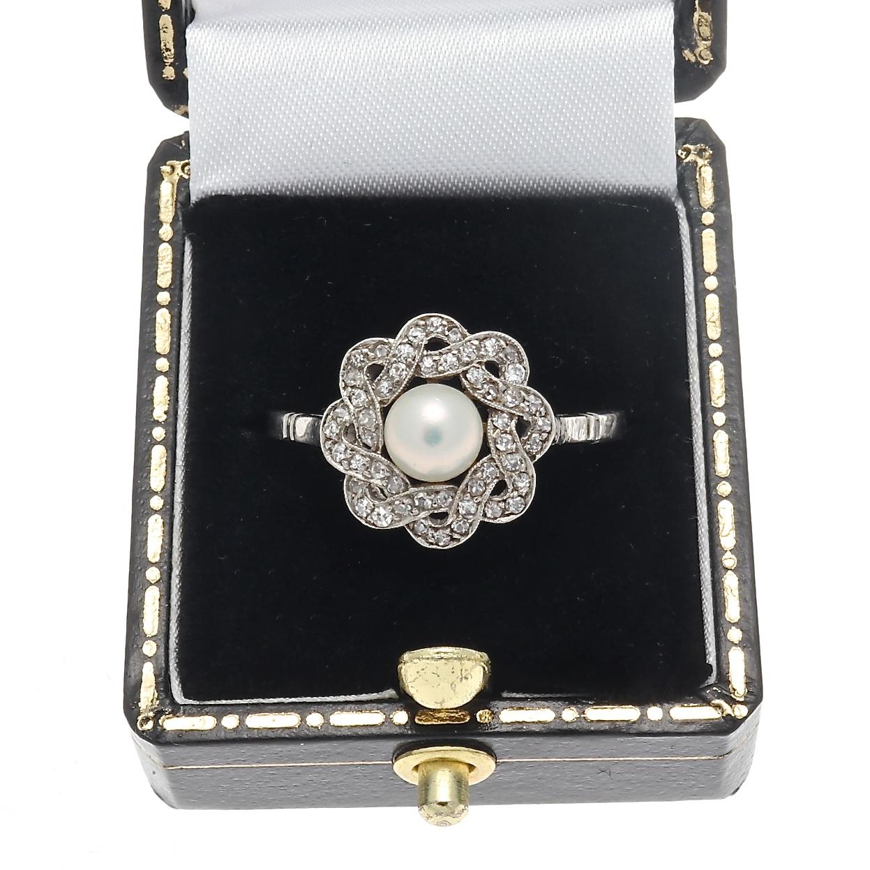 Art Deco Style Pearl Diamond Platinum Ring 1