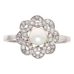 Art Deco Style Pearl Diamond Platinum Ring