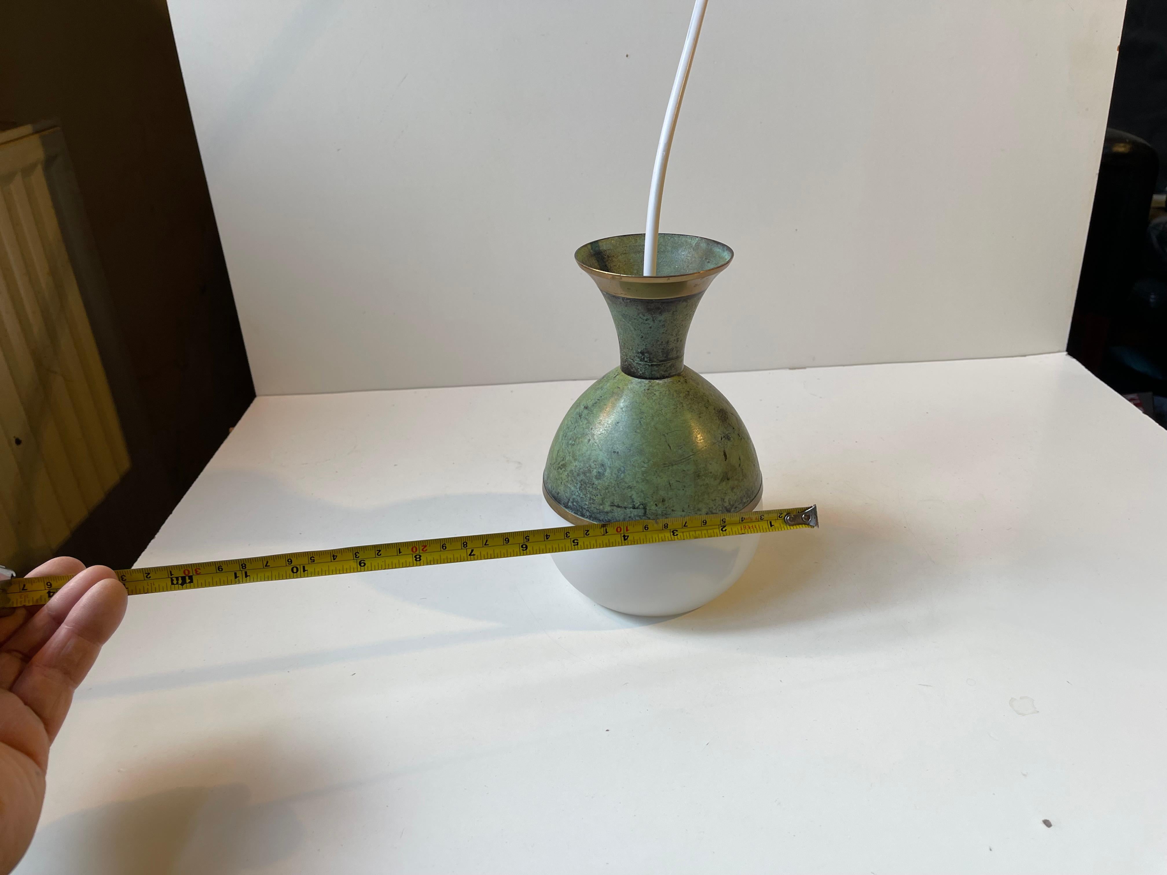 Art Deco Revival Pendant Lamp in Green Verdigris Bronze & White Glass For Sale 5