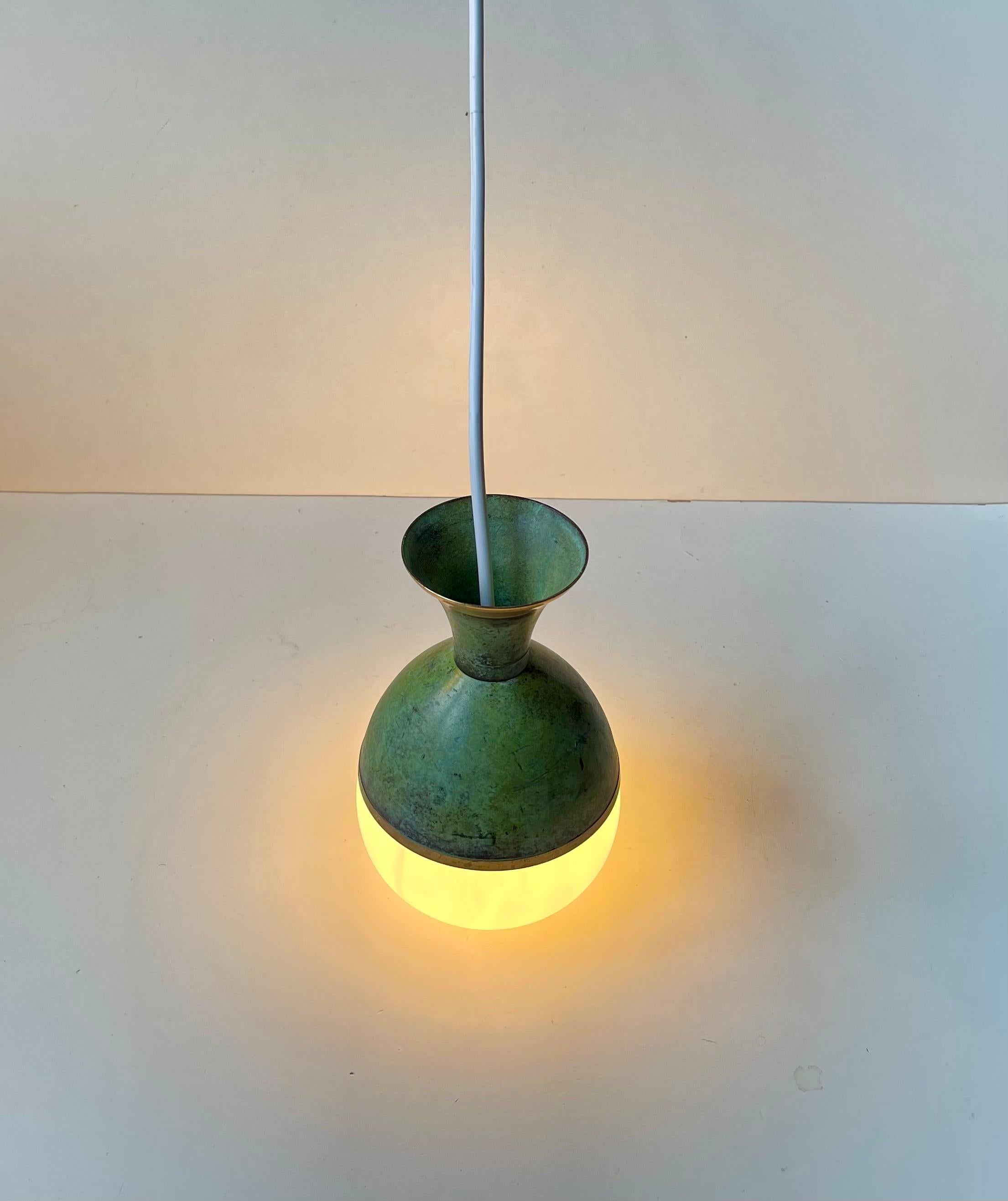 Art Deco Revival Pendant Lamp in Green Verdigris Bronze & White Glass For Sale 6