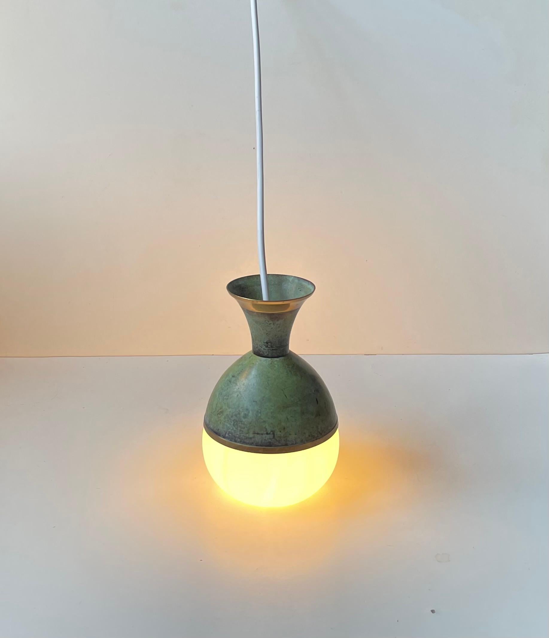 Scandinavian Art Deco Revival Pendant Lamp in Green Verdigris Bronze & White Glass For Sale