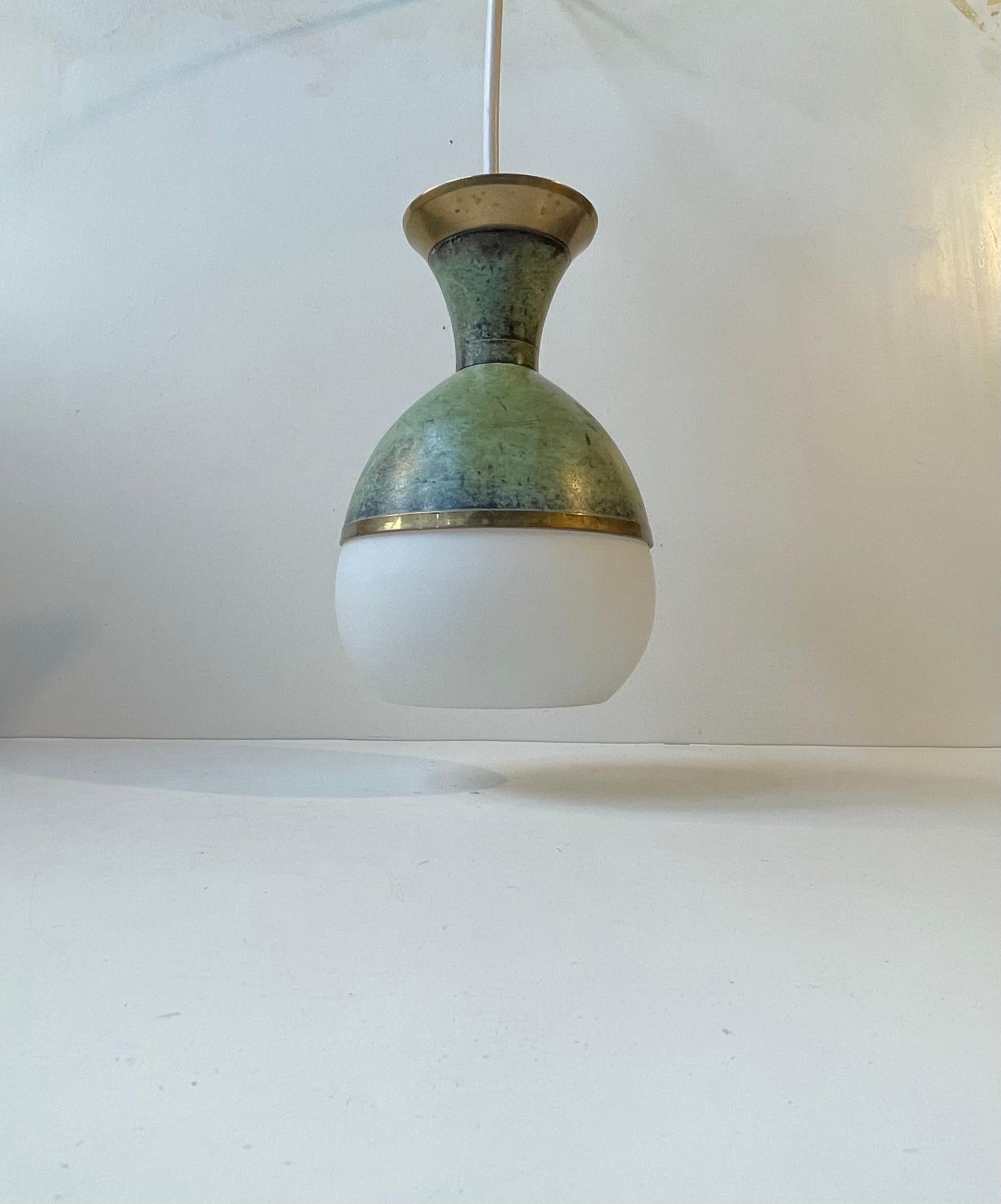 Patinated Art Deco Revival Pendant Lamp in Green Verdigris Bronze & White Glass For Sale