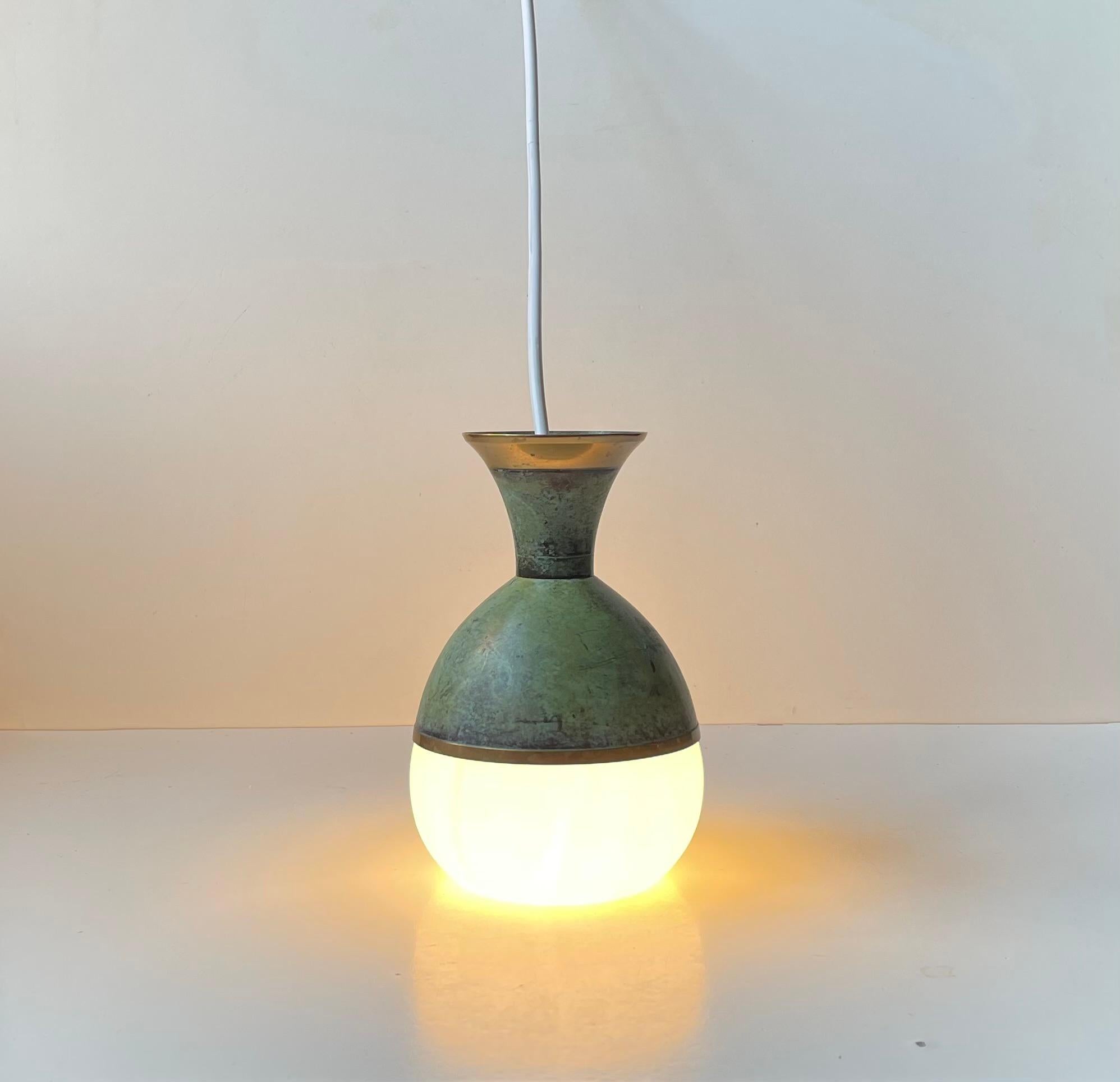 Art Deco Revival Pendant Lamp in Green Verdigris Bronze & White Glass In Good Condition For Sale In Esbjerg, DK