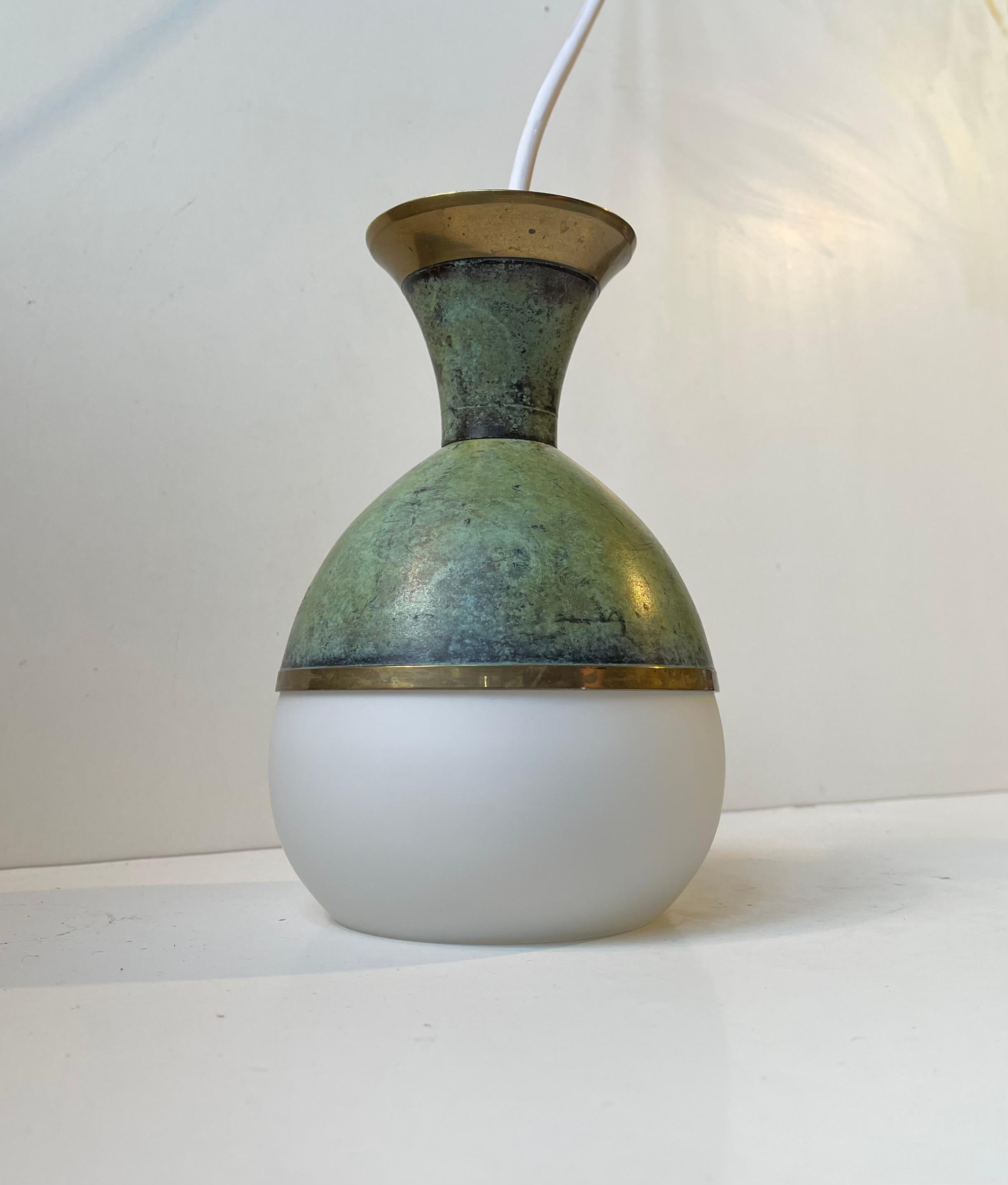 Art Deco Revival Pendant Lamp in Green Verdigris Bronze & White Glass For Sale 1