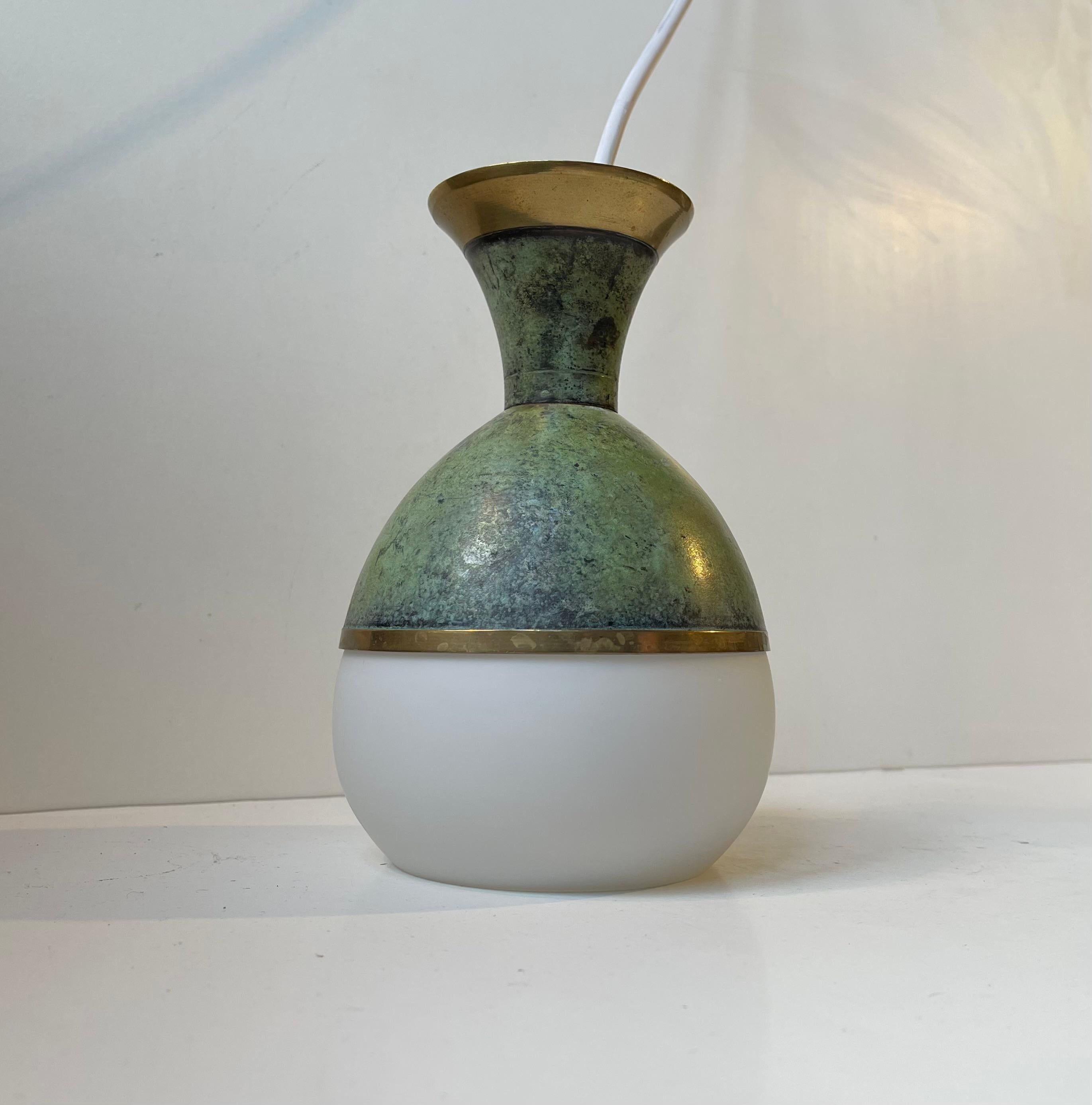 Art Deco Revival Pendant Lamp in Green Verdigris Bronze & White Glass For Sale 2