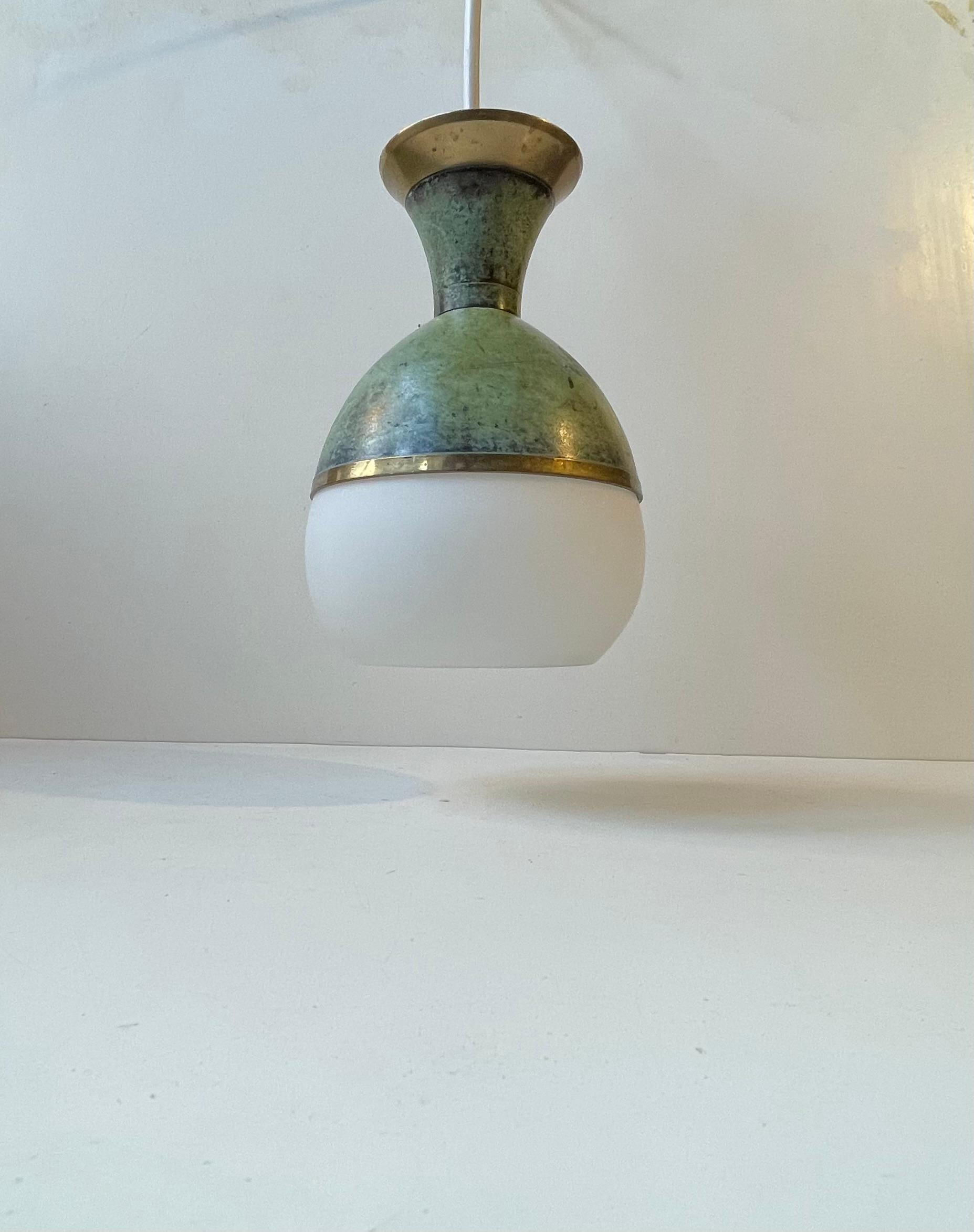 Art Deco Revival Pendant Lamp in Green Verdigris Bronze & White Glass For Sale 3