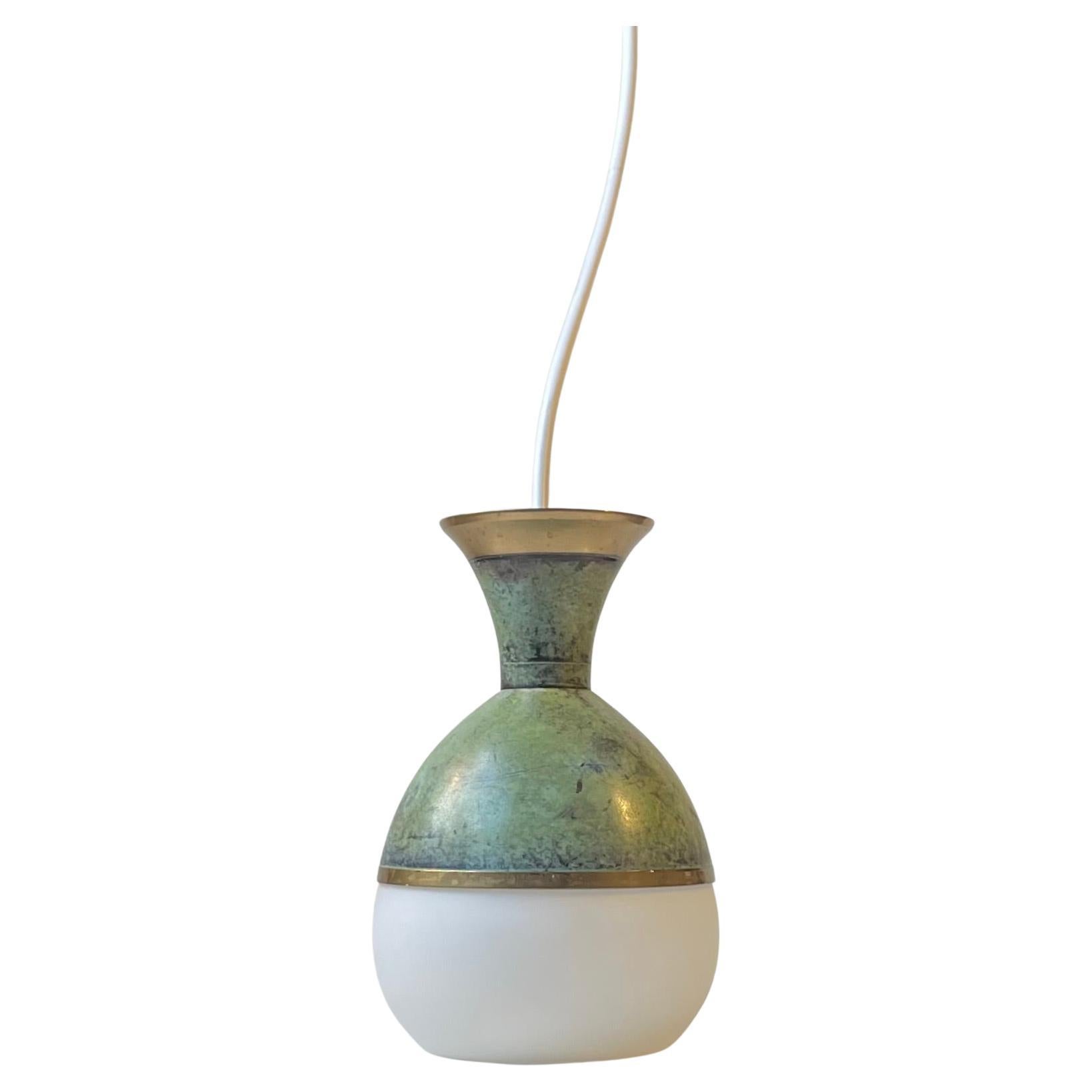 Art Deco Revival Pendant Lamp in Green Verdigris Bronze & White Glass For Sale