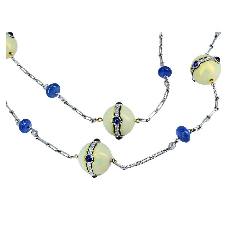 da uomo o donna Collana a catena in platino Art Deco Revival Diamante Zaffiro Perle di smalto in vendita