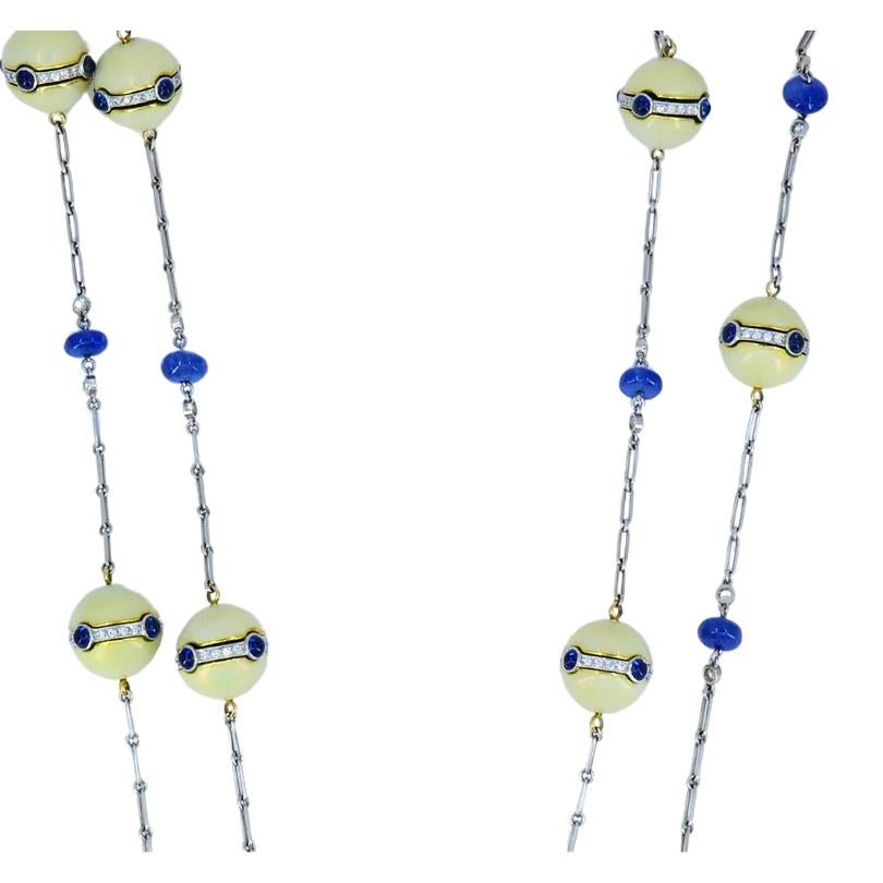 Collana a catena in platino Art Deco Revival Diamante Zaffiro Perle di smalto in vendita 1