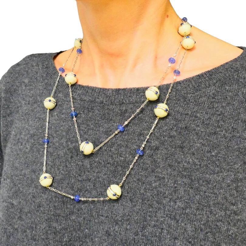 Collana a catena in platino Art Deco Revival Diamante Zaffiro Perle di smalto in vendita 2