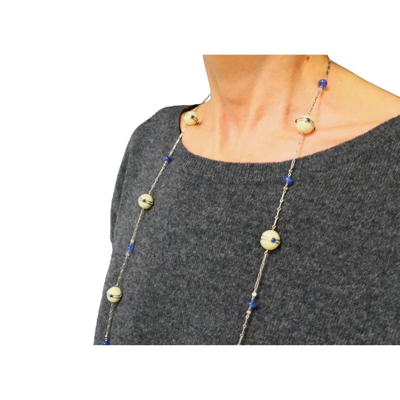 Collana a catena in platino Art Deco Revival Diamante Zaffiro Perle di smalto in vendita 3