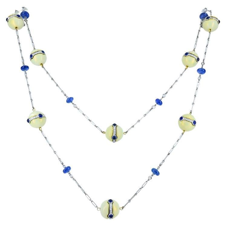 Art Deco Revival Platinum Chain Necklace Diamond Sapphire Enamel Beads