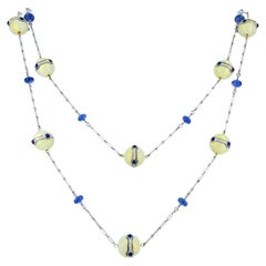 Chaîne collier néo-Art déco en platine, perles de diamants, saphirs et émail