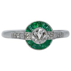 Art Deco Revival Platinum Diamond and Emerald Ring