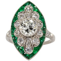 Art Deco Revival Platinum Diamond and Emerald Ring