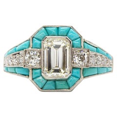 Art Deco Revival Platinum Diamonds and Turquoises Ring