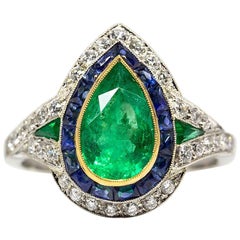 Vintage Art Deco Revival Platinum Emerald and Diamonds Ring