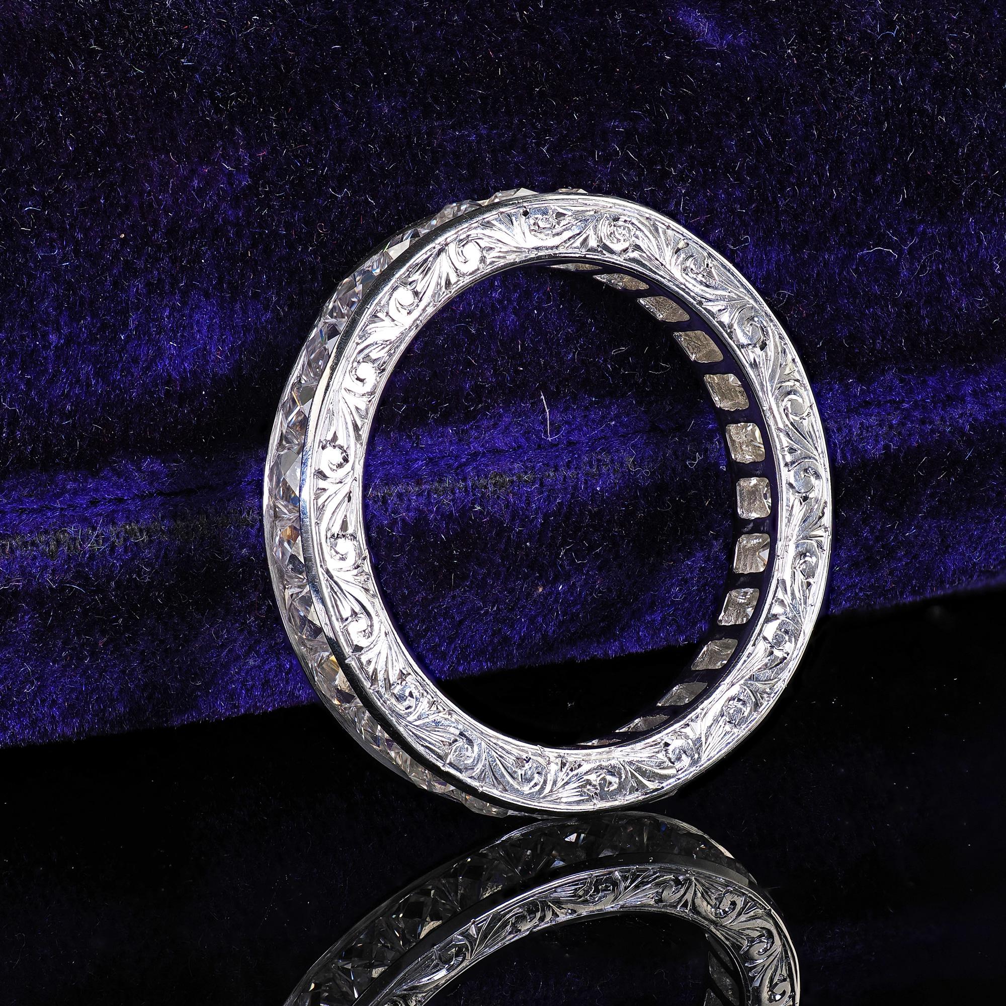 Art Deco Revival Platinum Reclaimed French Cut Diamond Eternity Band - Size 6 For Sale 6