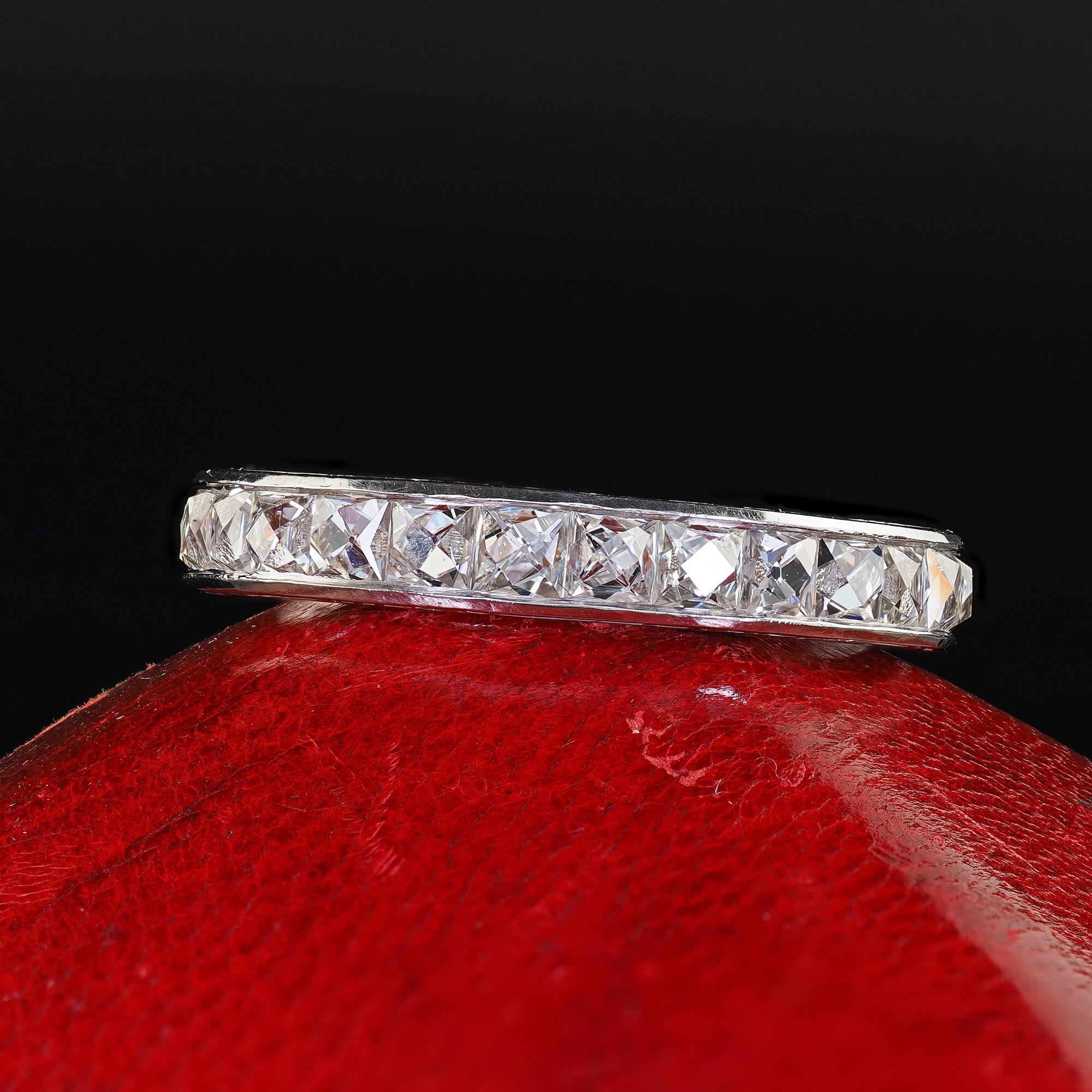 Beautiful Art Deco Revival Platinum Reclaimed French Cut Diamond Eternity Band - Size 6. This gorgeous Art Deco revival reclaimed French cut diamond eternity band is crafted in platinum. This beautiful ring features reclaimed French cut diamonds