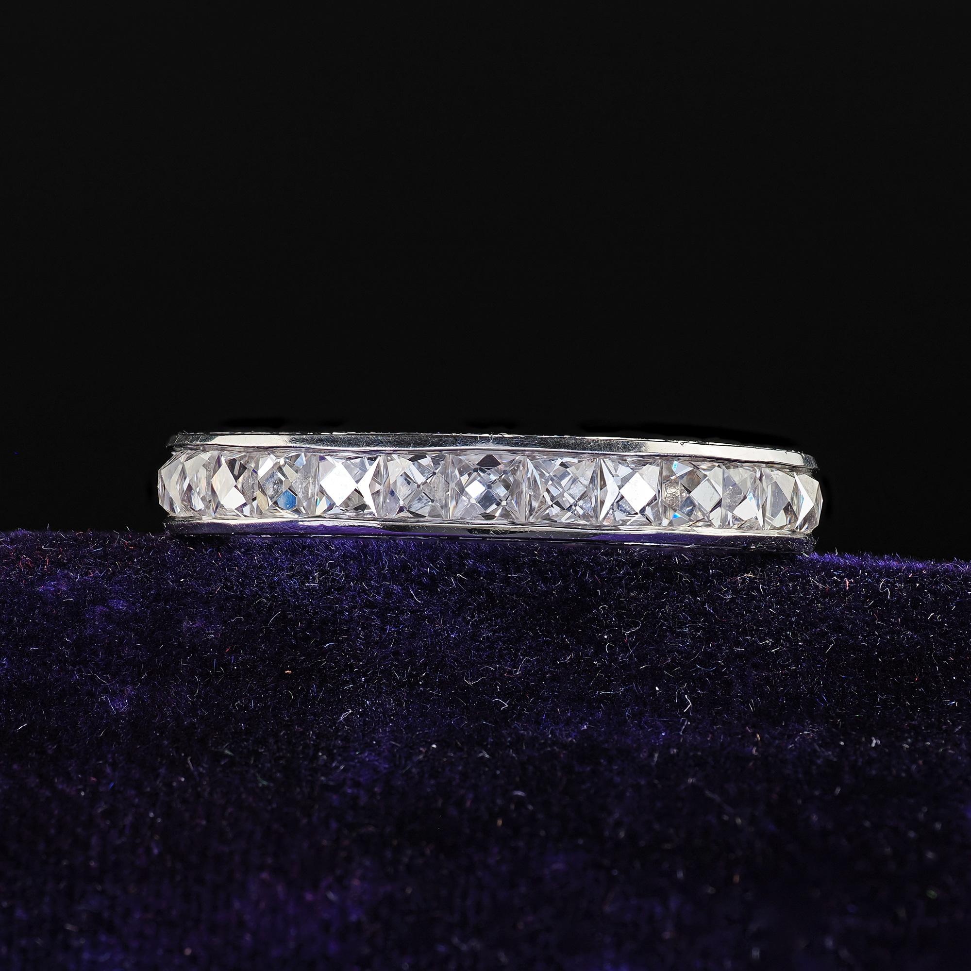 Beautiful Art Deco Revival Platinum Reclaimed French Cut Diamond Eternity Band - Size 6. This gorgeous Art Deco revival reclaimed French cut diamond eternity band is crafted in platinum. This beautiful ring features reclaimed French cut diamonds