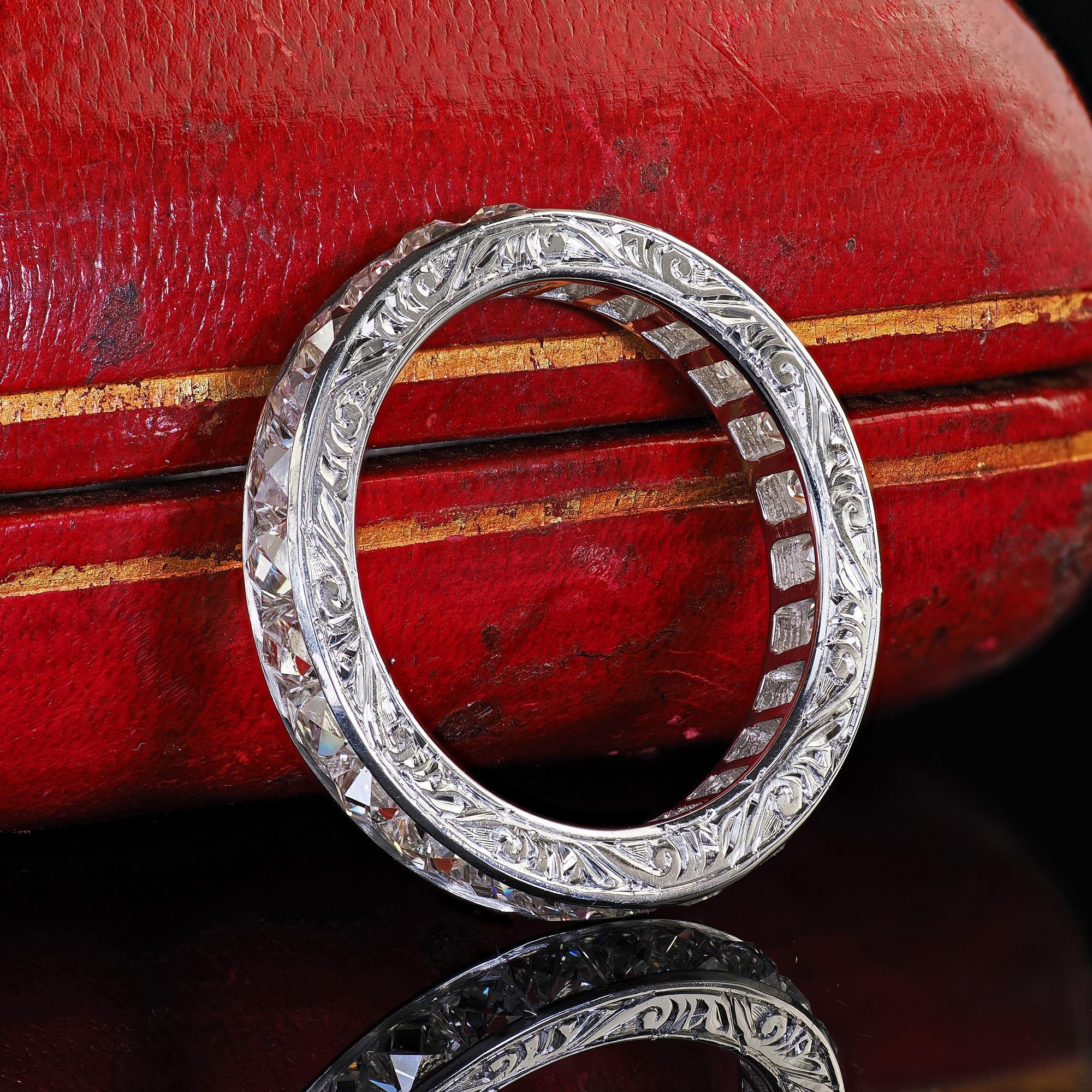 Art Deco Revival Platinum Reclaimed French Cut Diamond Eternity Band - Size 6 In Good Condition For Sale In Great Neck, NY