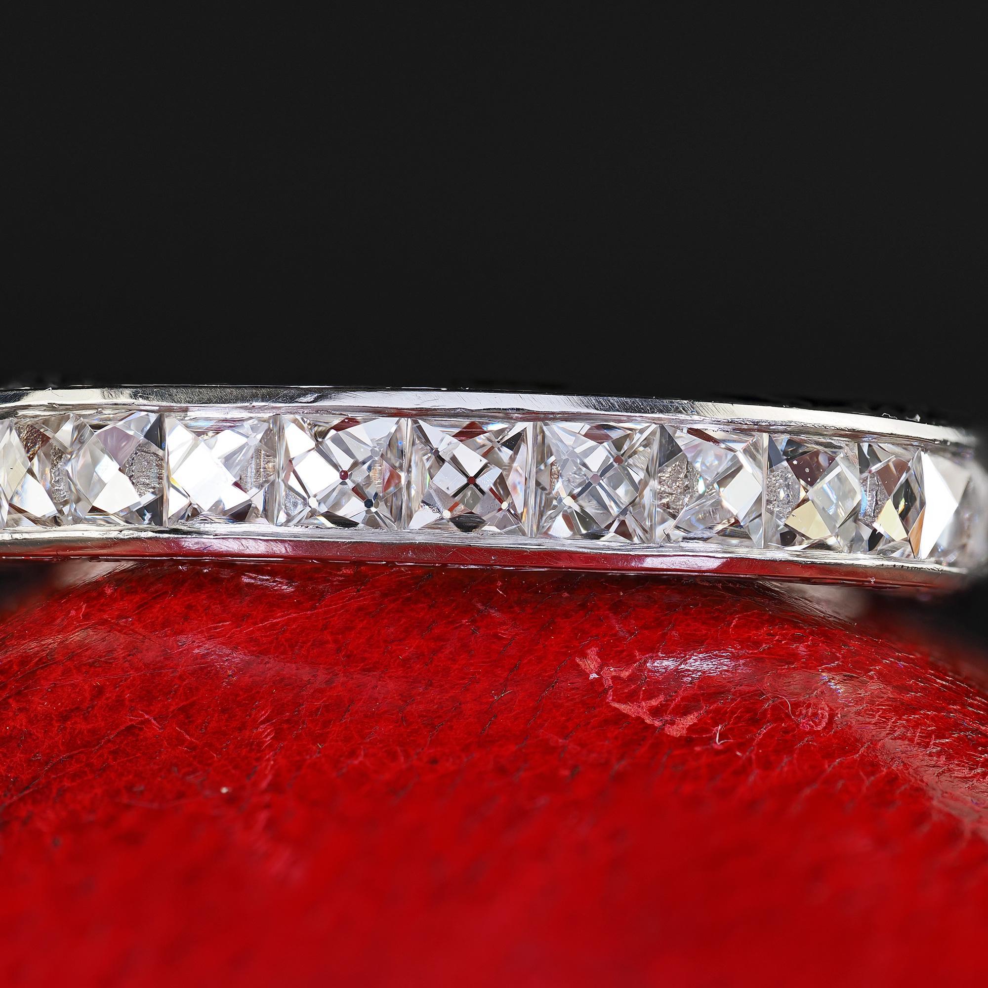 Women's Art Deco Revival Platinum Reclaimed French Cut Diamond Eternity Band - Size 6 For Sale