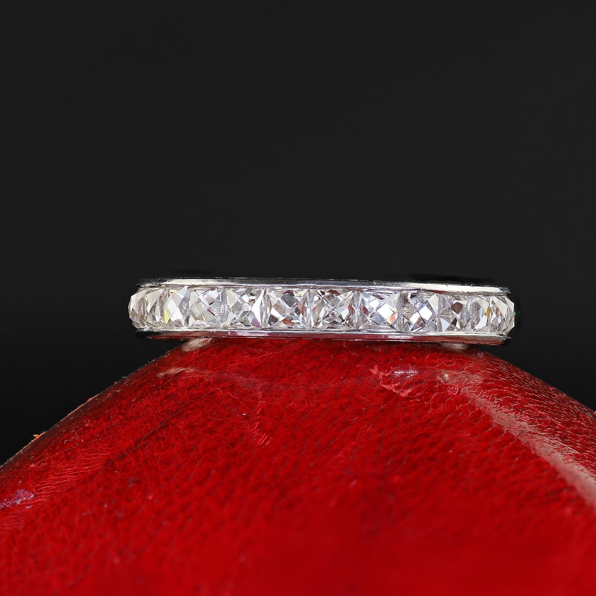 Art Deco Revival Platinum Reclaimed French Cut Diamond Eternity Band - Size 6 For Sale 1