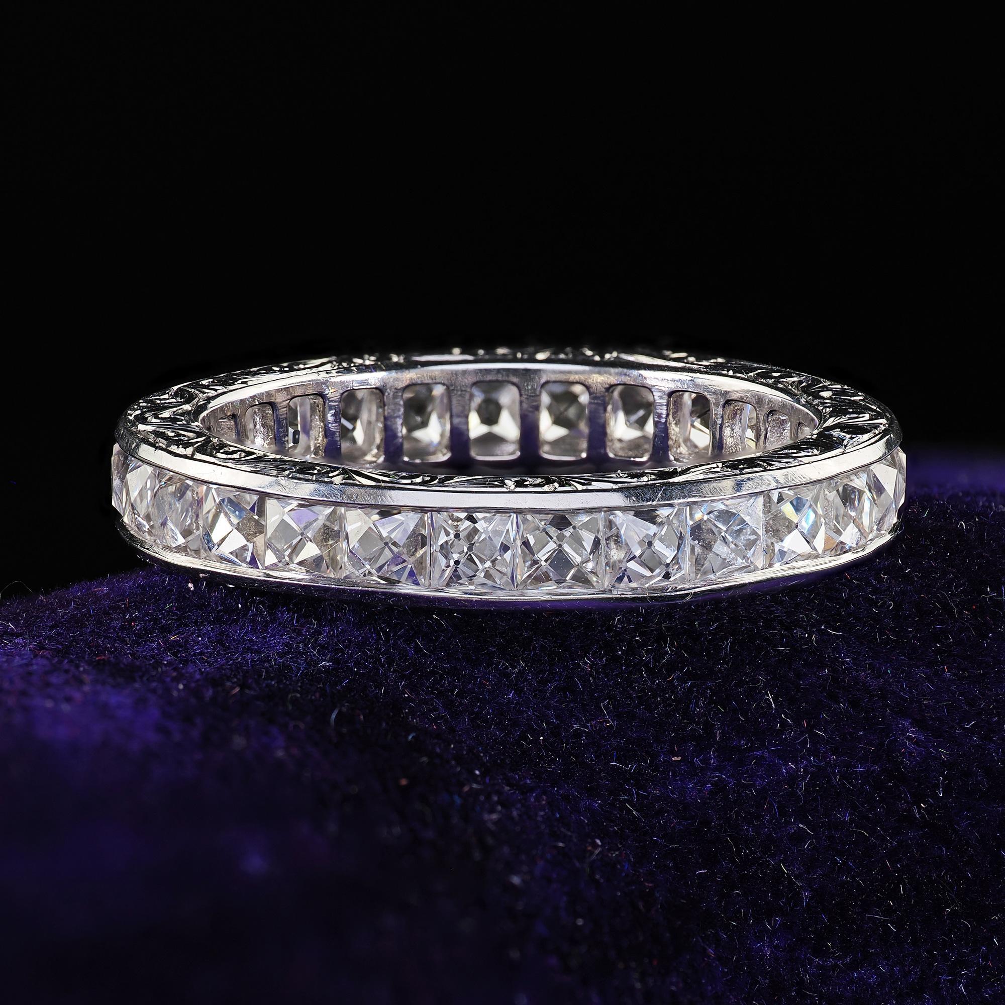 Art Deco Revival Platinum Reclaimed French Cut Diamond Eternity Band - Size 6 For Sale 1