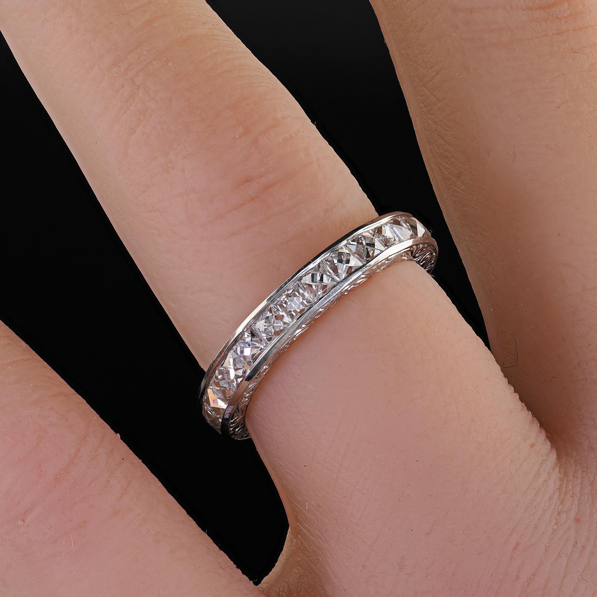 Art Deco Revival Platinum Reclaimed French Cut Diamond Eternity Band - Size 6 For Sale 4