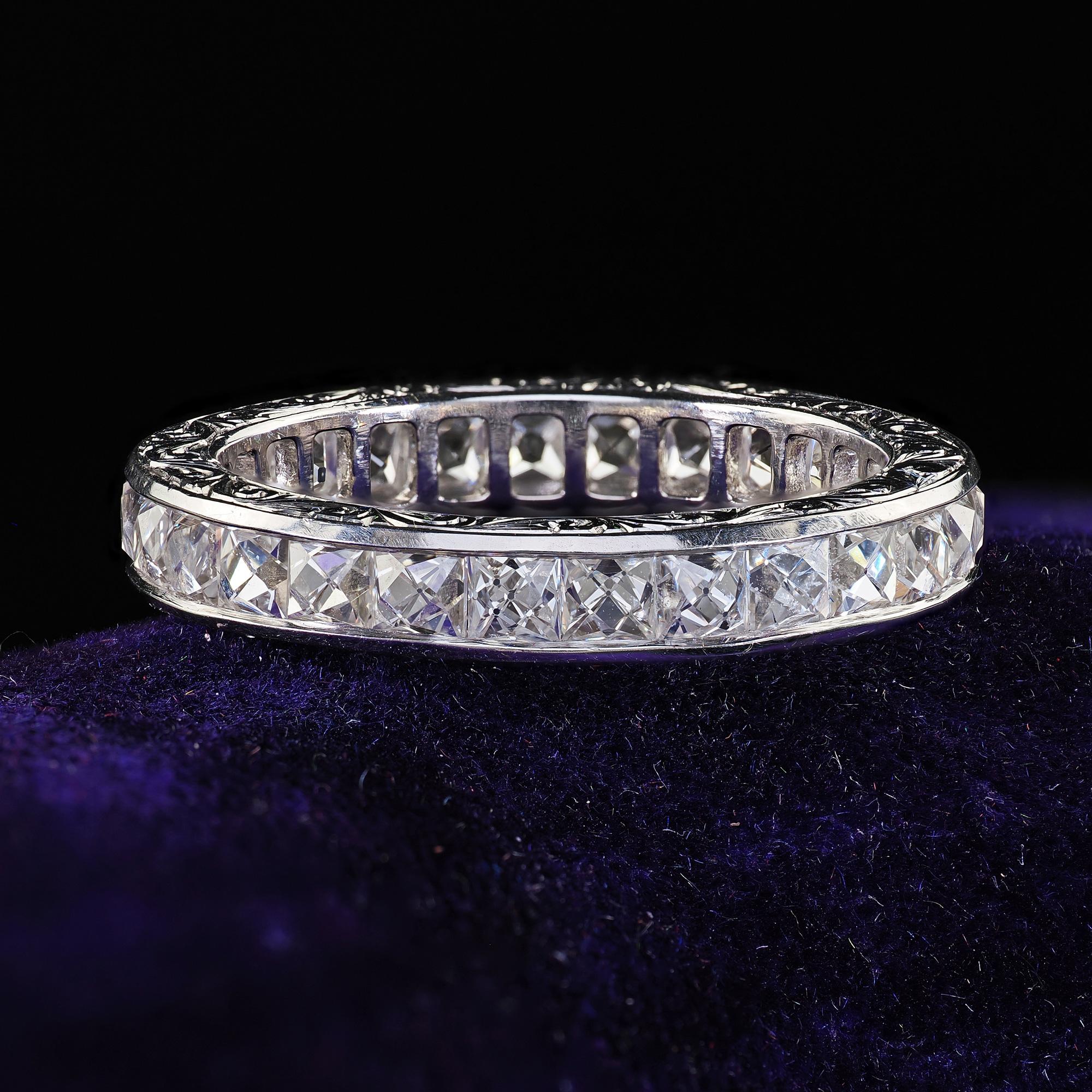 Art Deco Revival Platinum Reclaimed French Cut Diamond Eternity Band - Size 6 For Sale 5