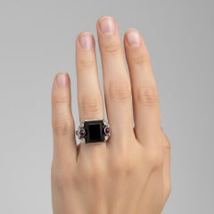 Art Deco revival Platinum Ring with Onyx, Diamonds and Rubies