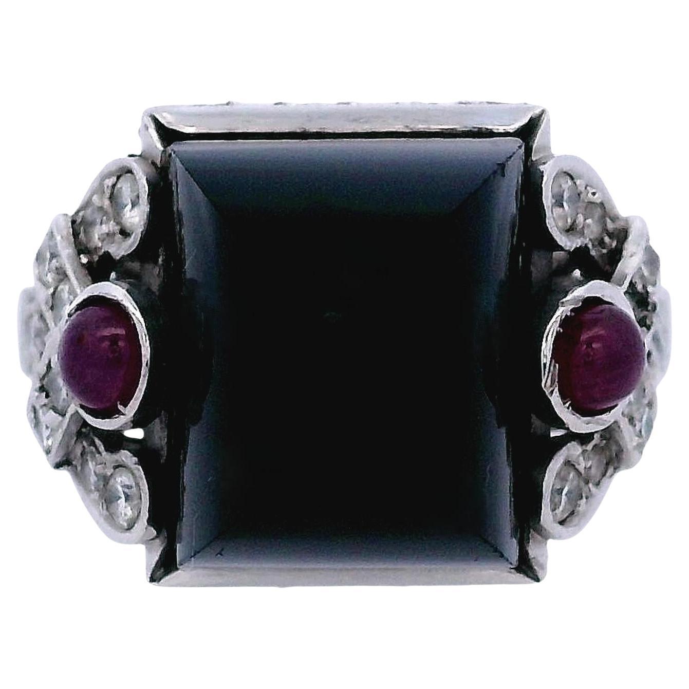 Art Deco revival Platinum Ring with Onyx, Diamonds and Rubies