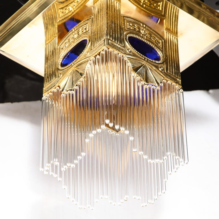 Art Deco Revival Polished Brass and Glass Rod Chandelier w/ Cobalt