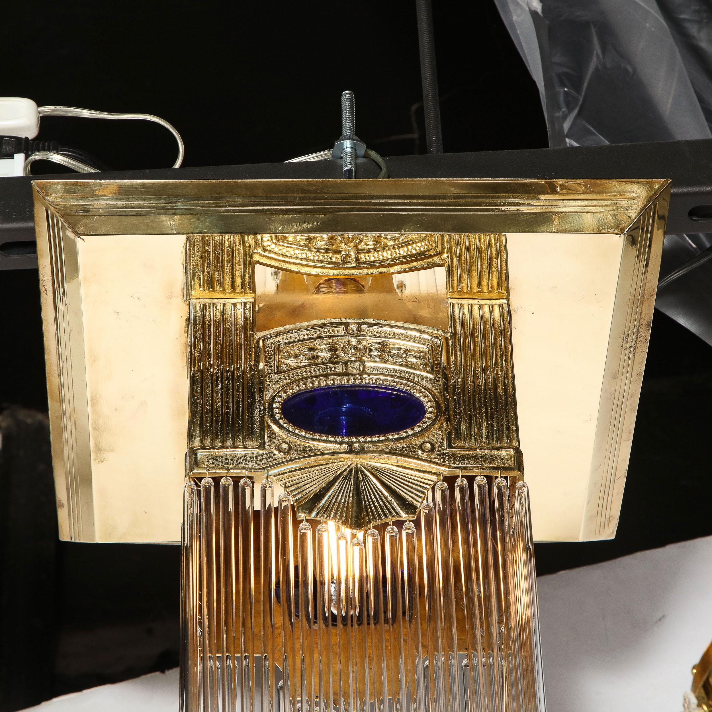 Art Deco Revival Polished Brass & Glass Rod Chandelier w/ Cobalt Glass Detailing For Sale 1