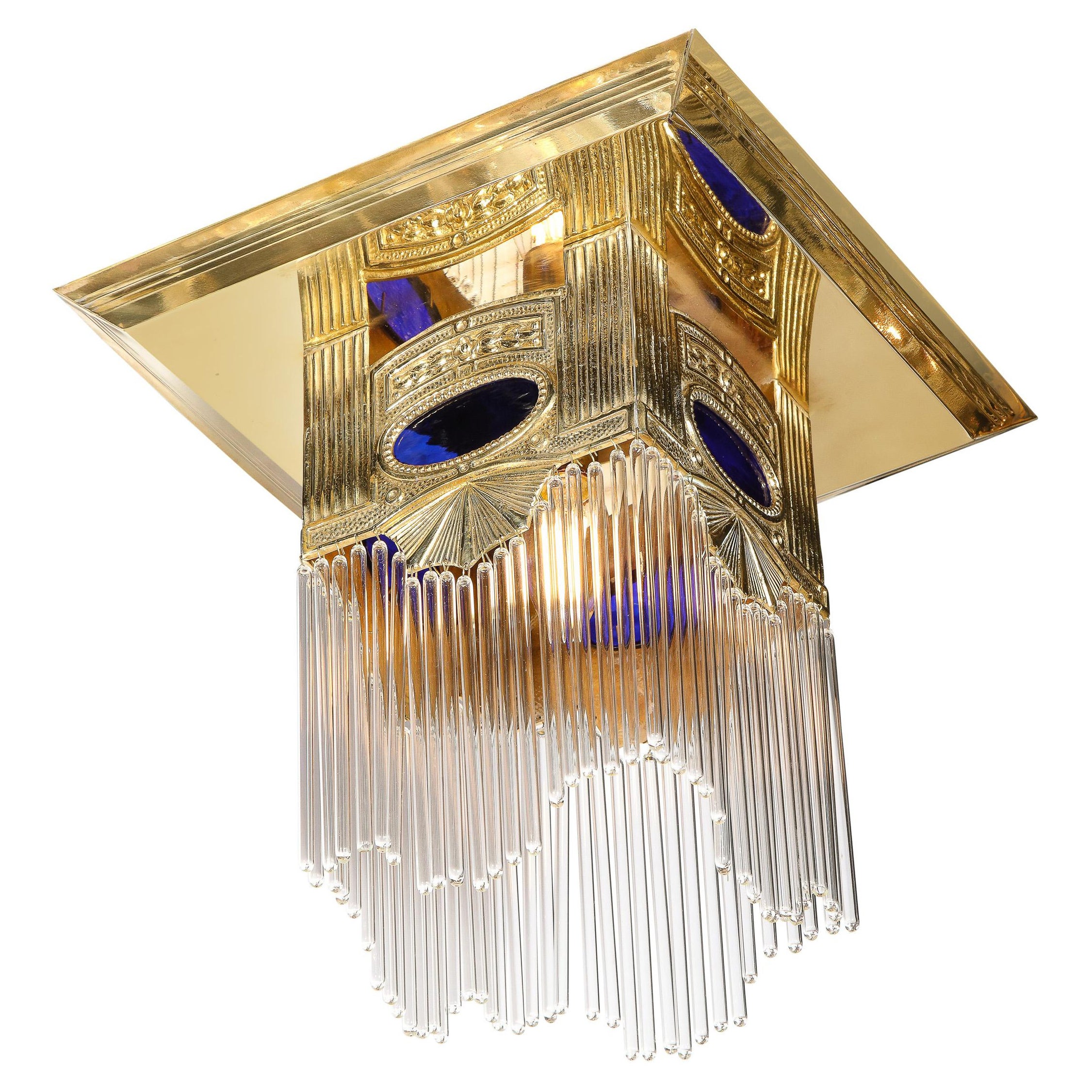 Art Deco Revival Polished Brass 
Glass Rod Chandelier w/ Cobalt Glass Detailing