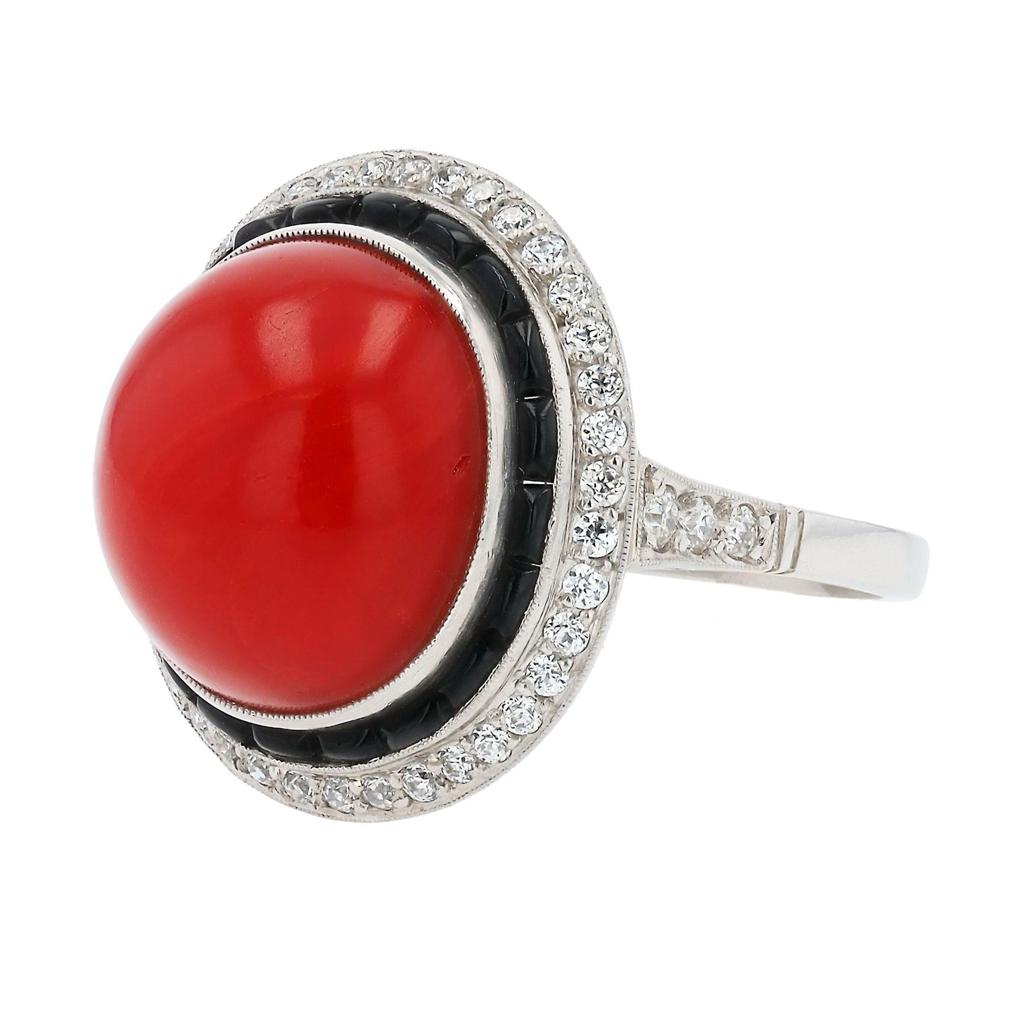 Cabochon Art Deco Revival Red Coral Diamond & Onyx Cocktail Ring