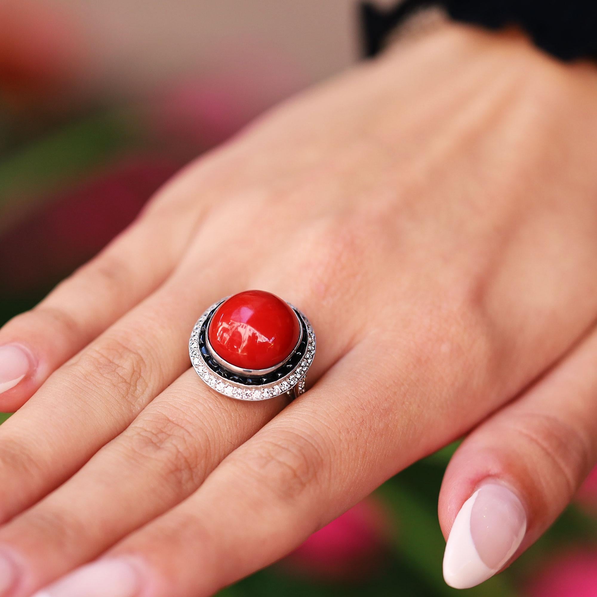 Art Deco Revival Red Coral Diamond & Onyx Cocktail Ring In New Condition In Santa Barbara, CA