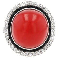 Art Deco Revival Red Coral Diamond & Onyx Cocktail Ring