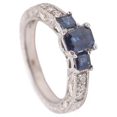 Bague renaissance ART-DECO en or jaune 14 carats avec saphirs bleus et diamants VS