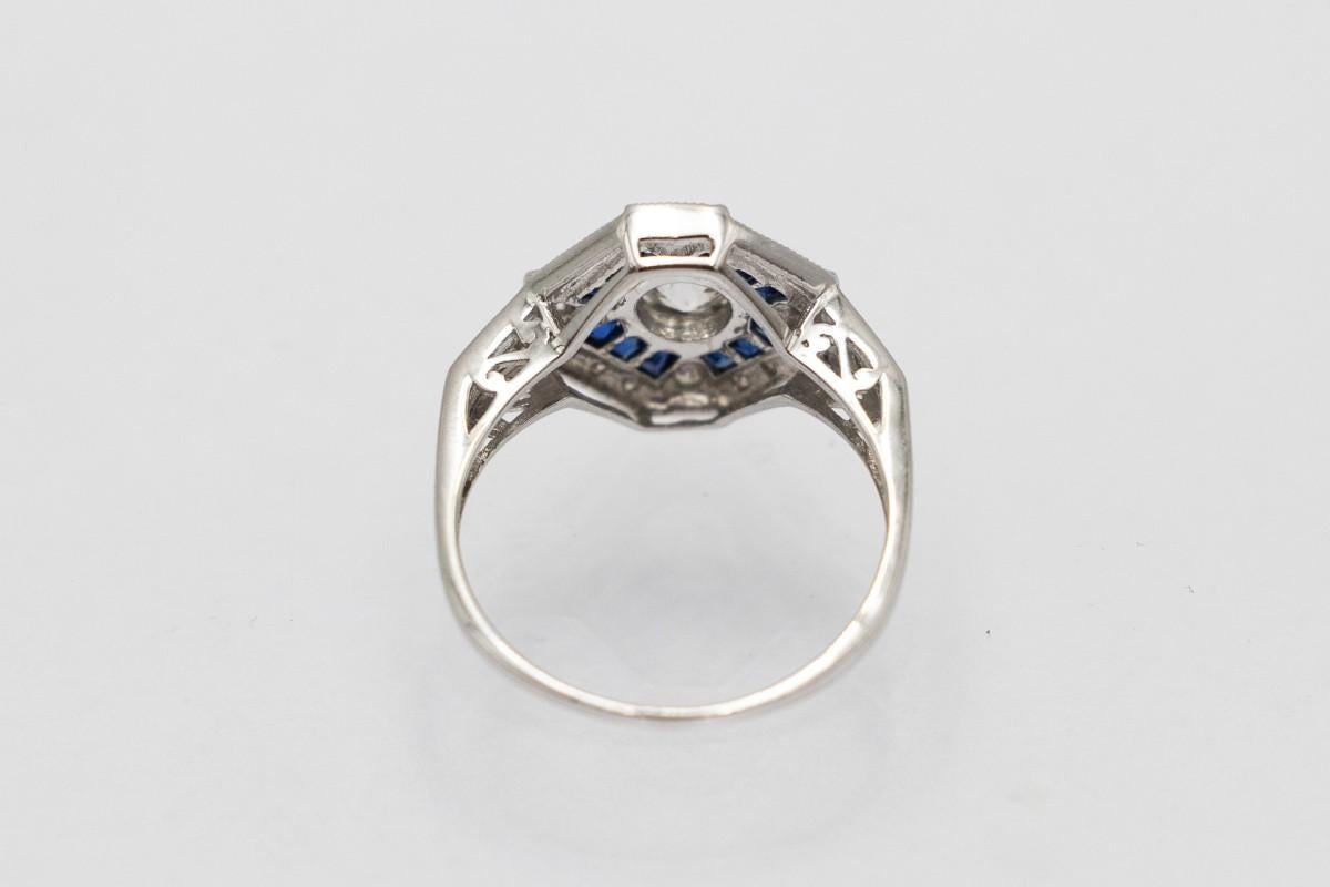 Anillo Art Decó Revival con diamantes y zafiros, Europa Occidental, años 80. en Bueno estado para la venta en Chorzów, PL