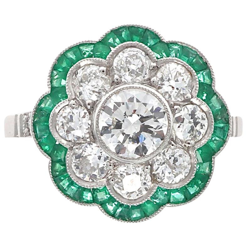 Art Deco Style Round Cut Diamond Emerald Platinum Ring