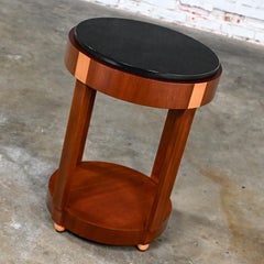 Art Deco Revival Round Side Table Custom Two-Toned Mahogany Black Granite Top