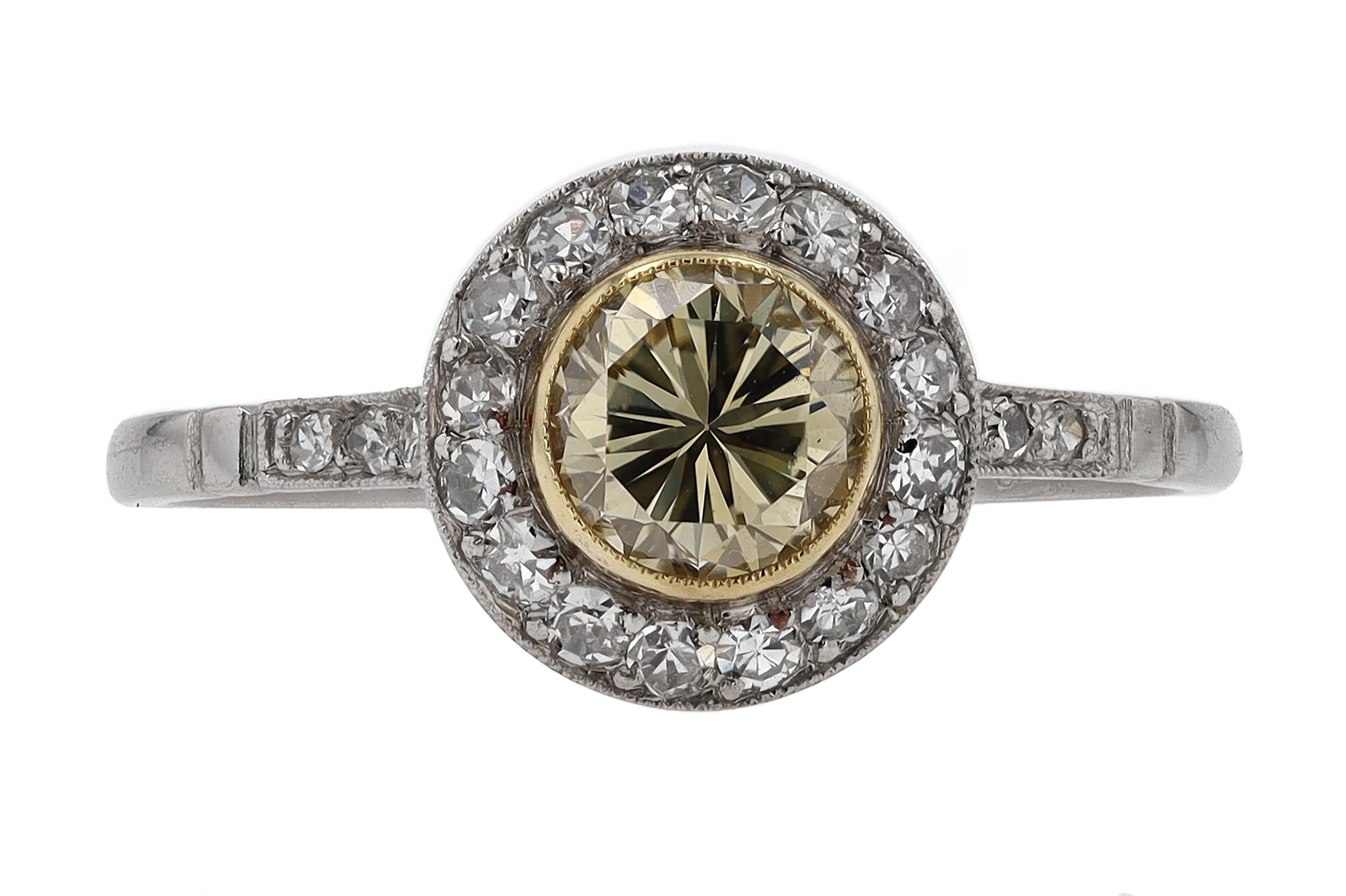 Women's Art Deco Revival Round Yellow Diamond Engagement Ring For Sale