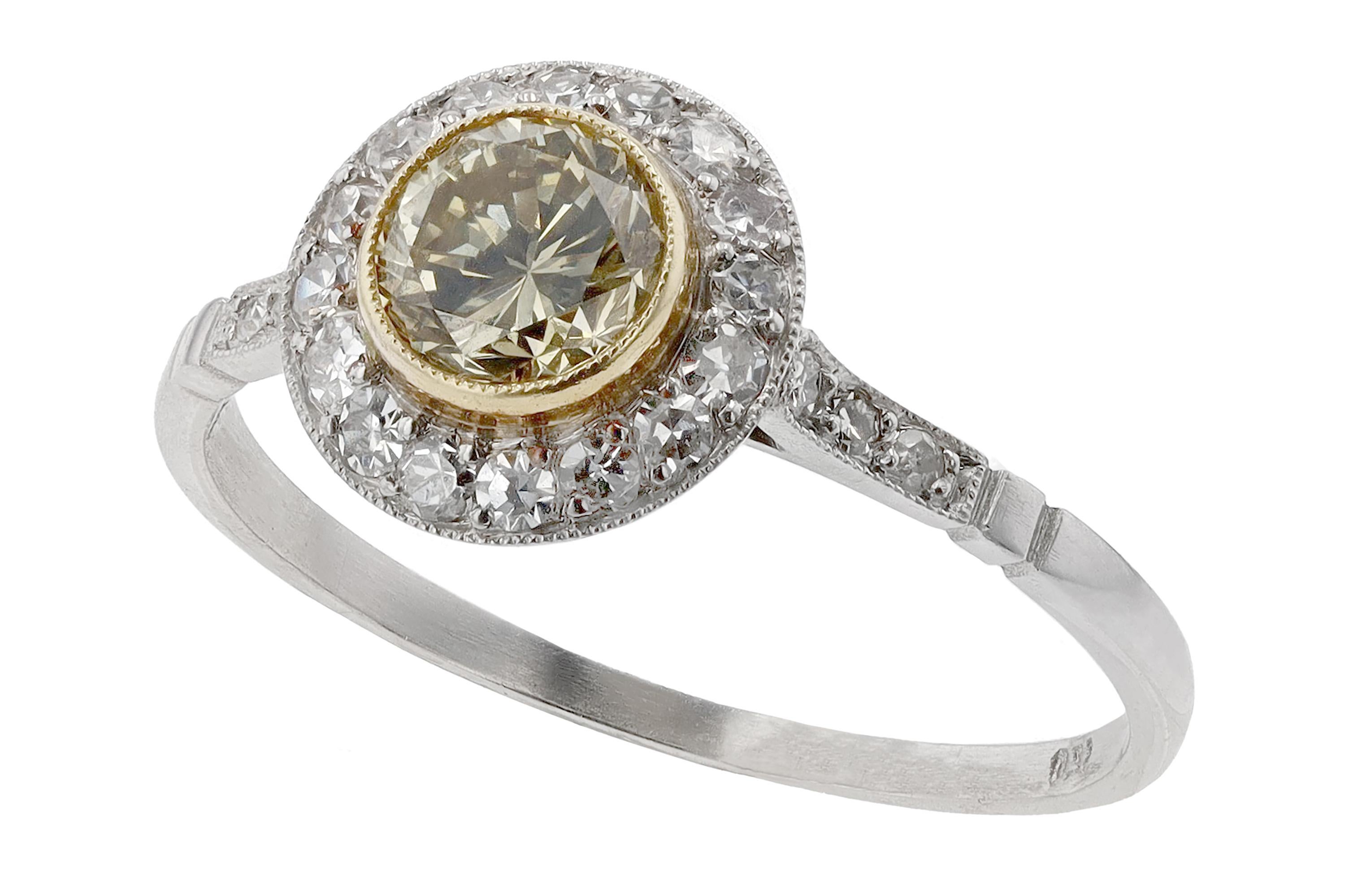 Art Deco Revival Round Yellow Diamond Engagement Ring For Sale 1