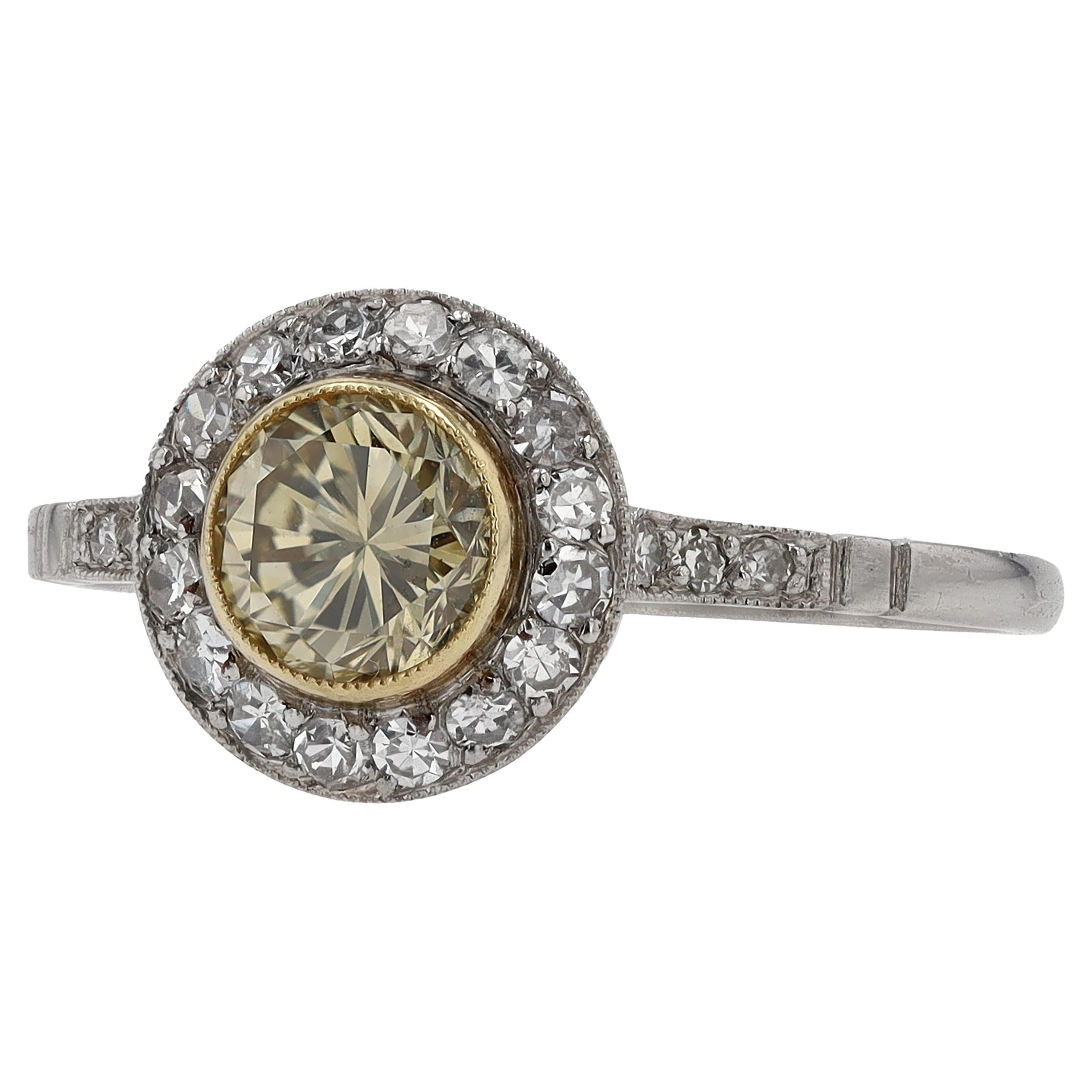 Art Deco Revival Round Yellow Diamond Engagement Ring For Sale