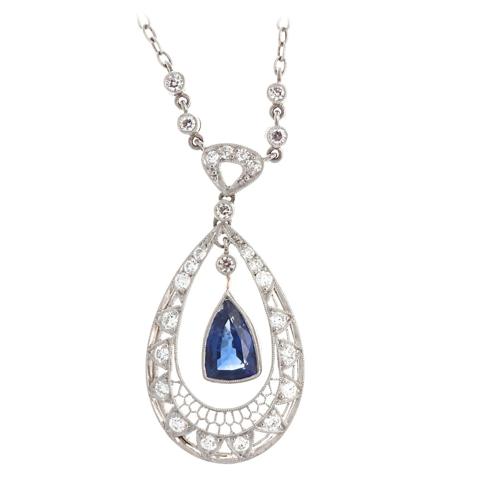Art Deco Revival Sapphire Diamond Platinum Necklace