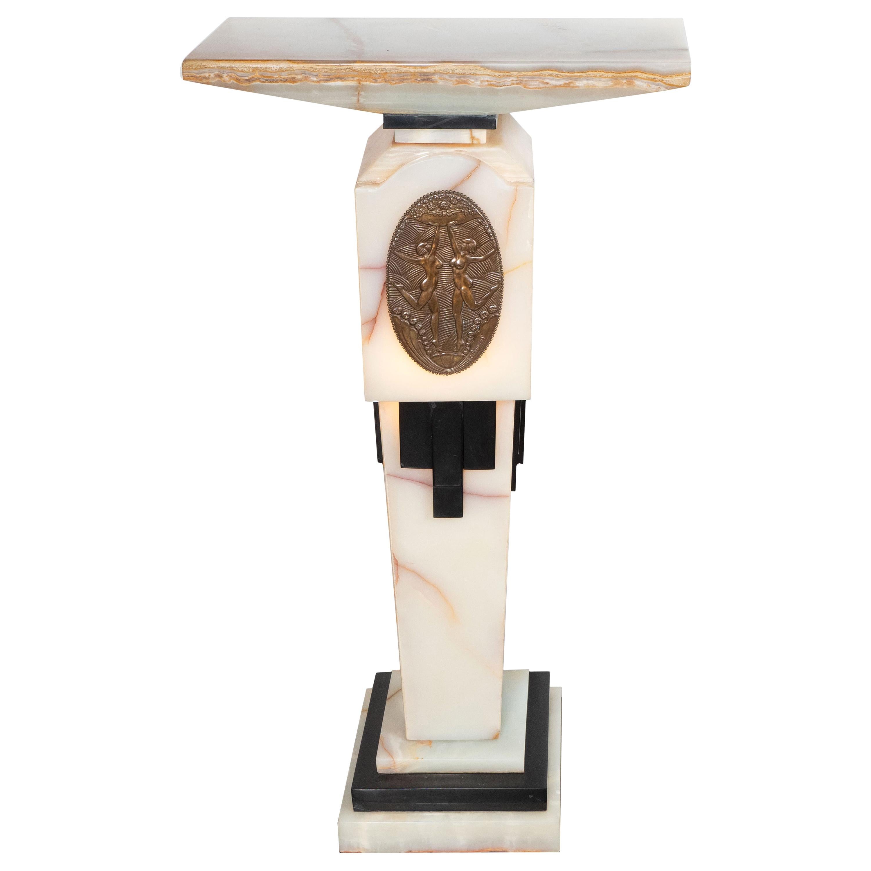 Art Deco Revival Skyscraper Chiparus Style Onyx and Bronze Illuminated Pedestal