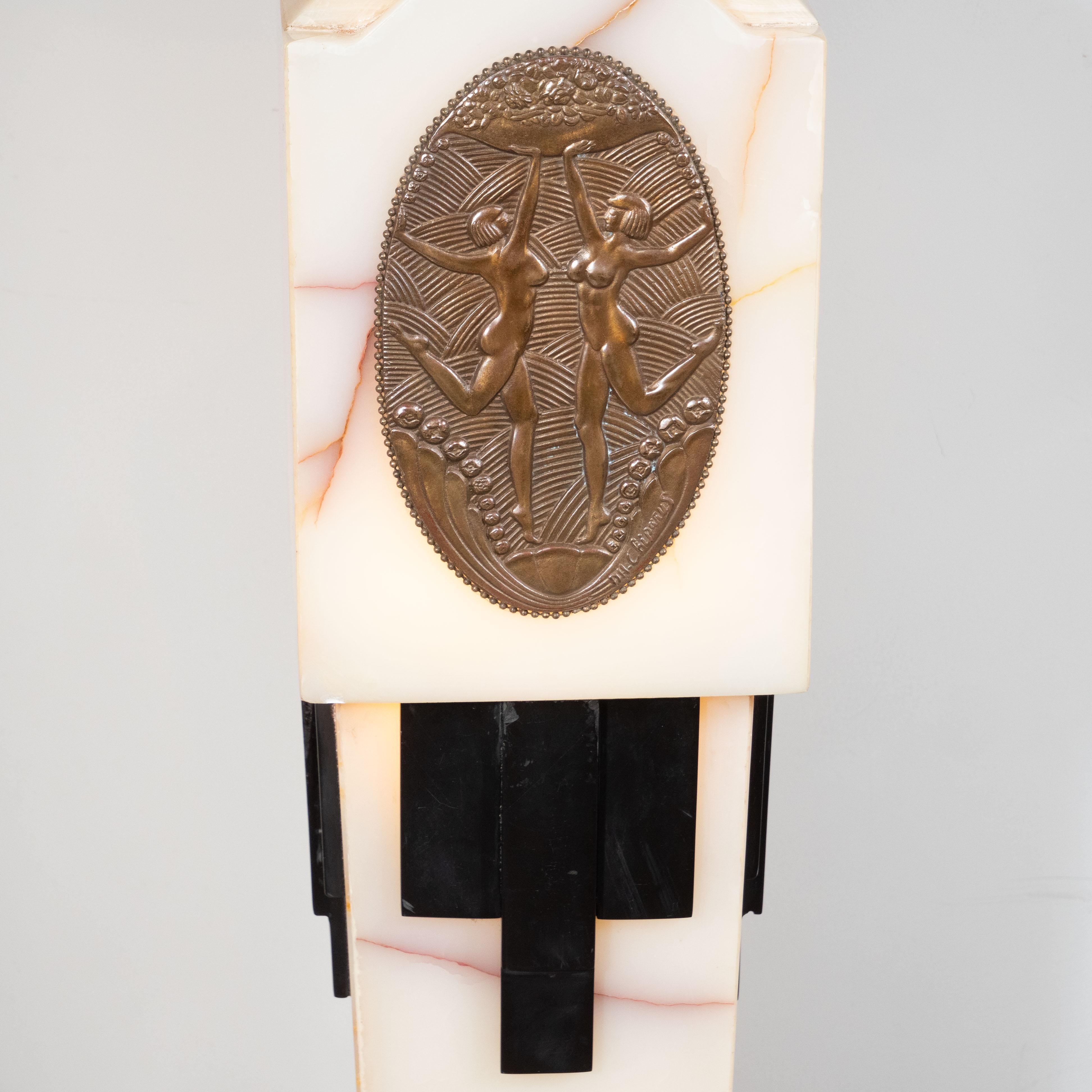 American Art Deco Revival Skyscraper Chiparus Style Onyx and Bronze Illuminated Pedestal