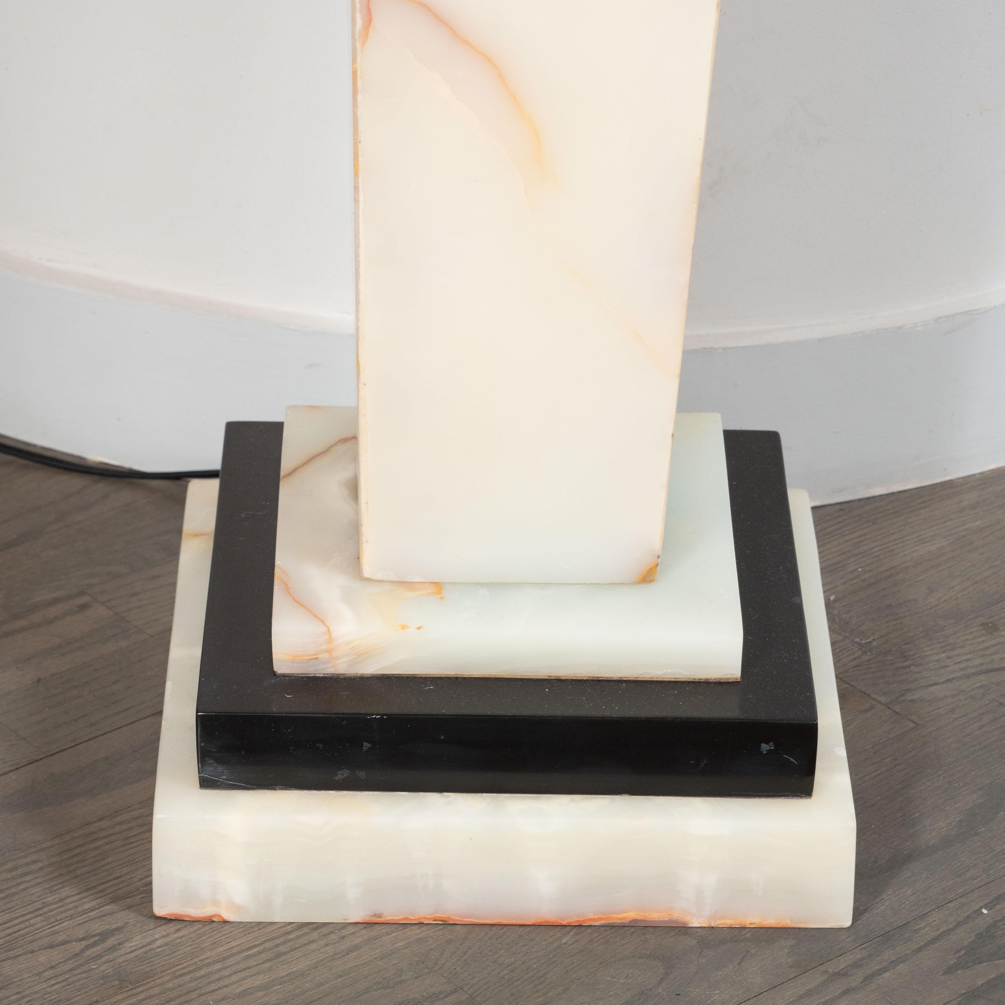 Art Deco Revival Skyscraper Chiparus Style Onyx and Bronze Illuminated Pedestal In Excellent Condition In New York, NY